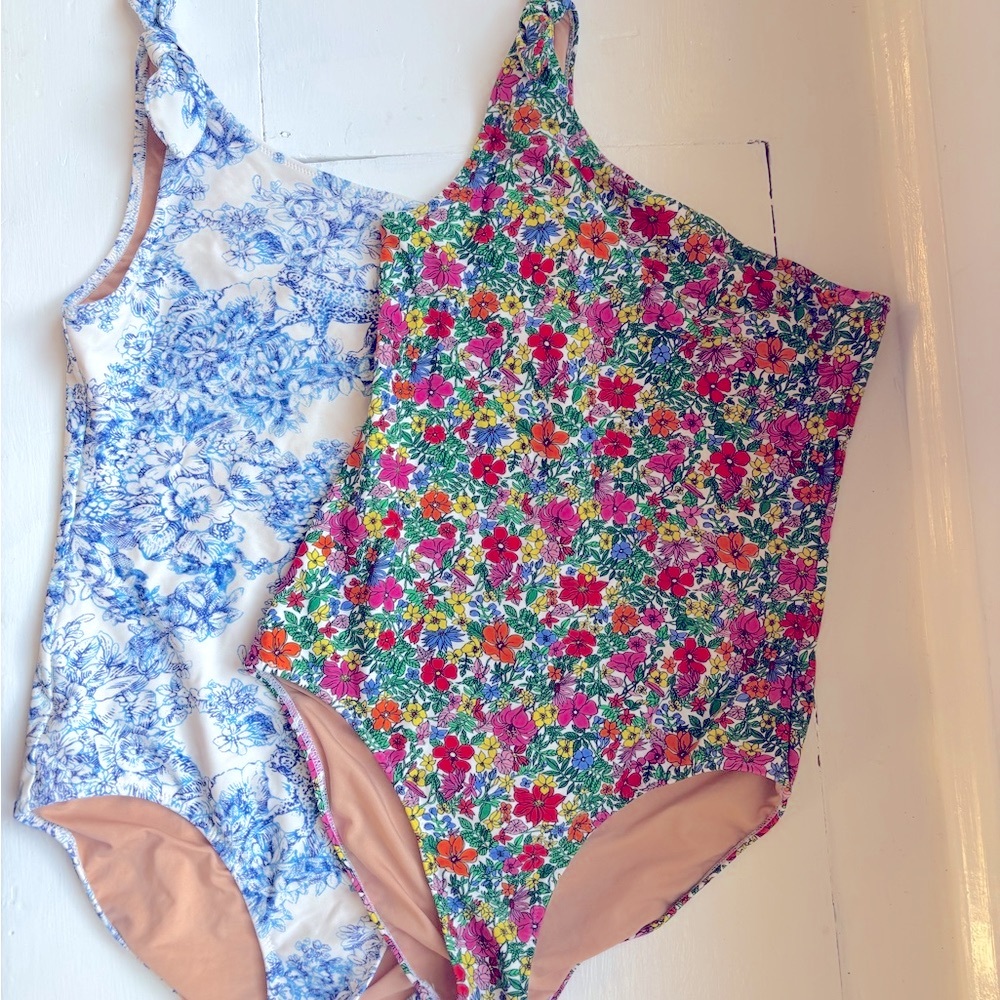 Floral and Blue Toile One-Shoulder Swimsuits